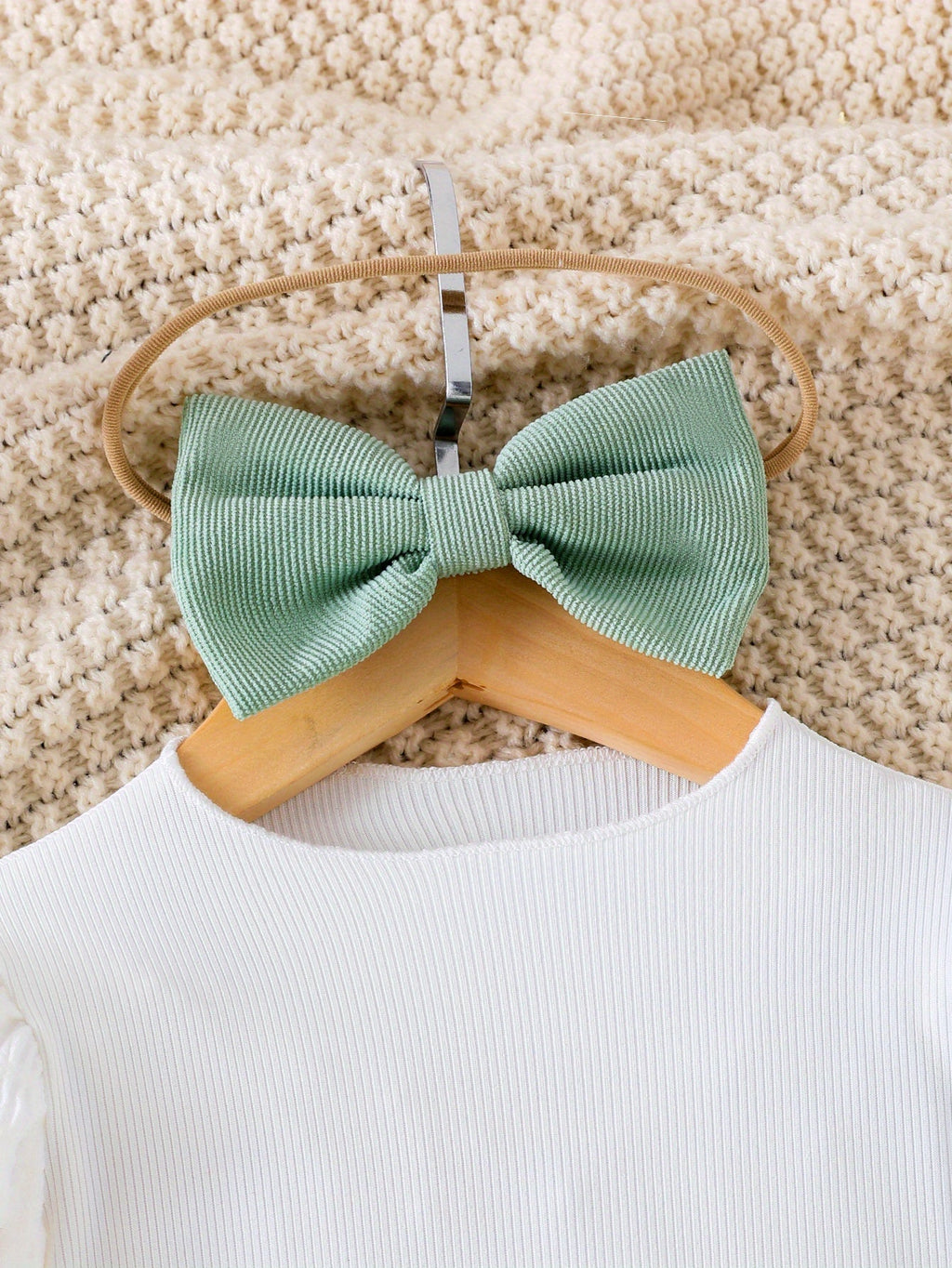 Baby Girls' Green Floral Overall Set with a White Long Sleeve Top and Matching Bow Headband for Spring
