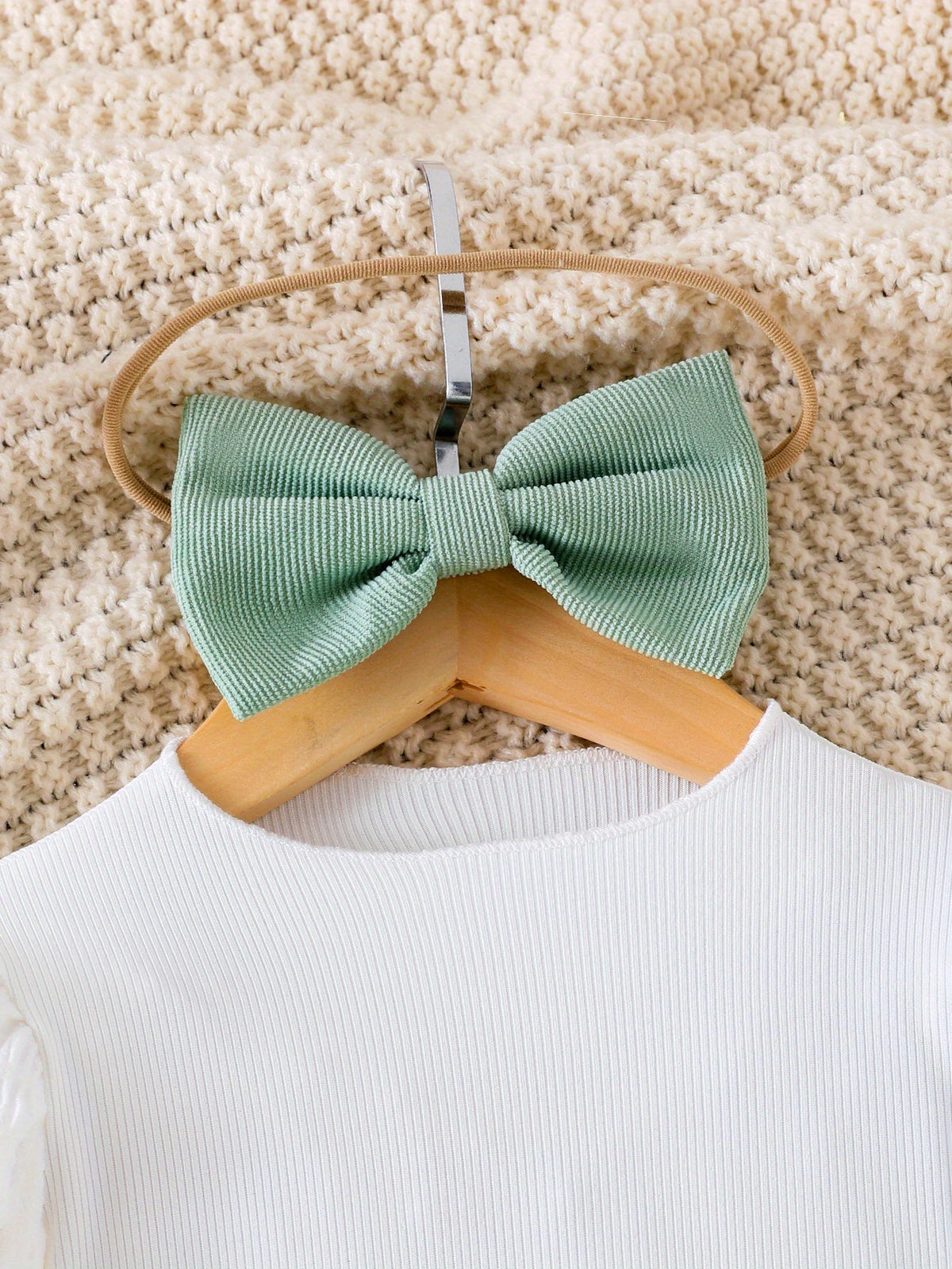 Baby Girls' Green Floral Overall Set with a White Long Sleeve Top and Matching Bow Headband for Spring