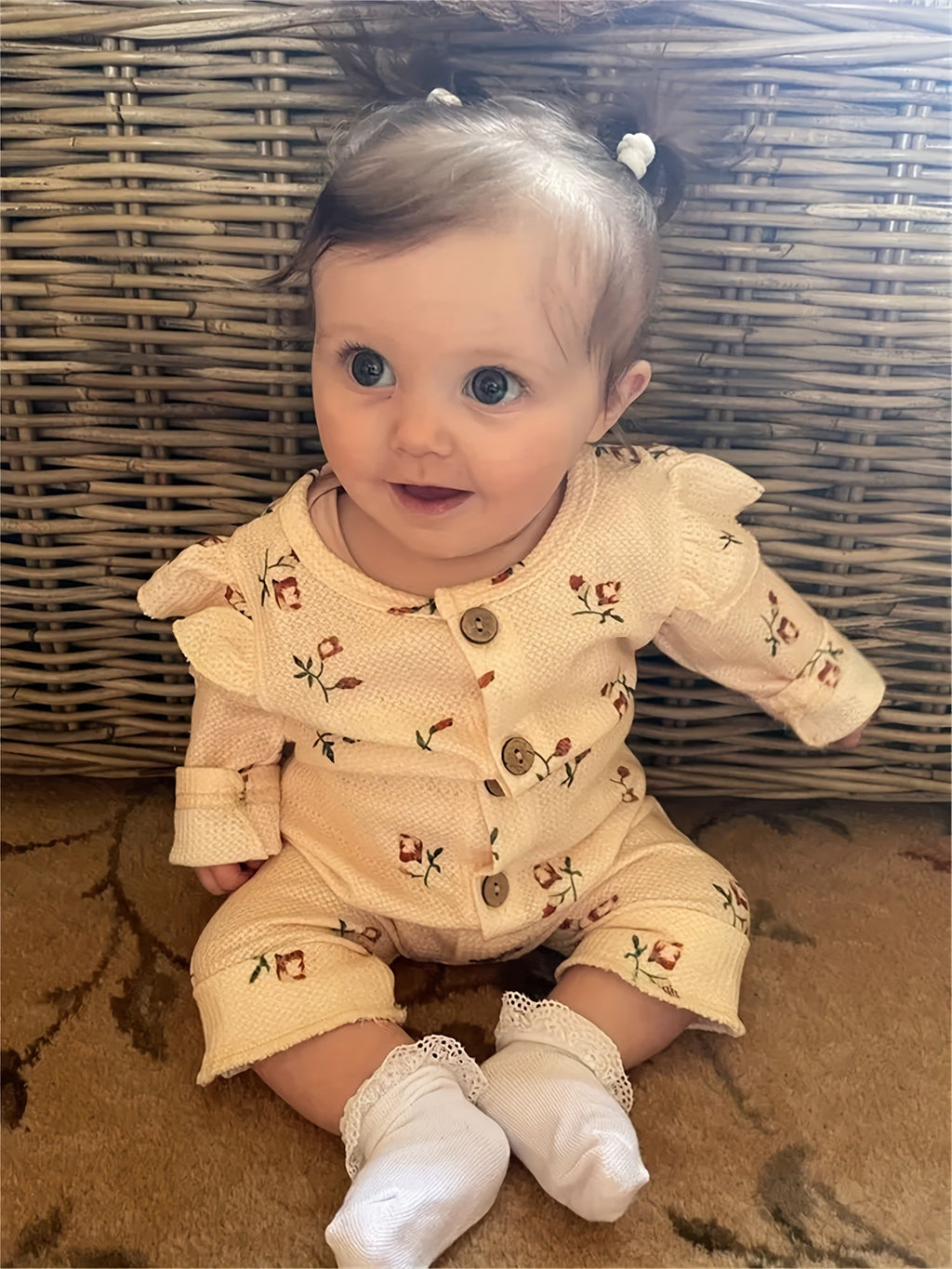Baby Girl Beige Floral Waffle Romper and Headband Set with Ruffle Shoulders and Long Sleeves for Daily Wear
