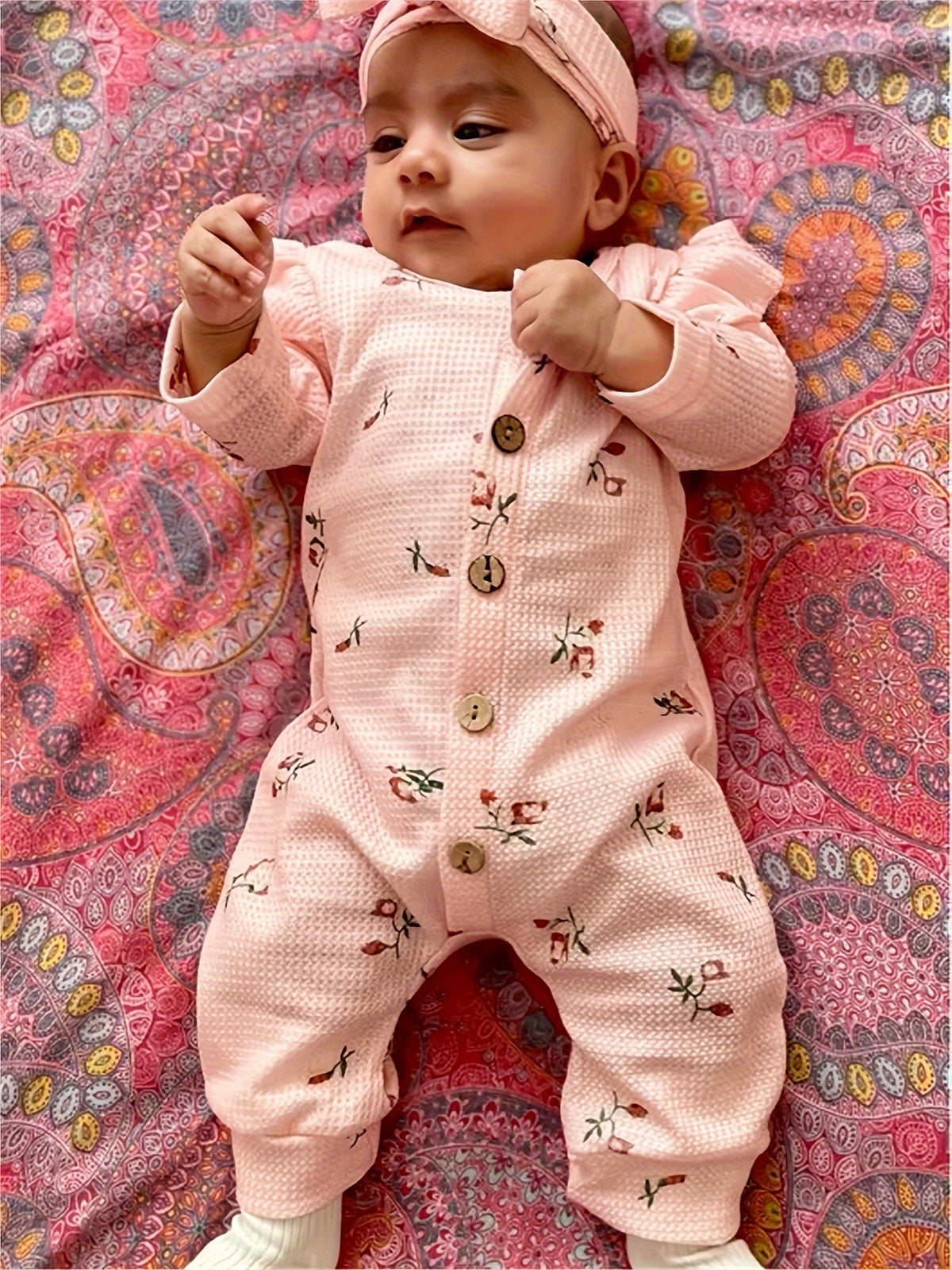 Baby Girl Beige Floral Waffle Romper and Headband Set with Ruffle Shoulders and Long Sleeves for Daily Wear