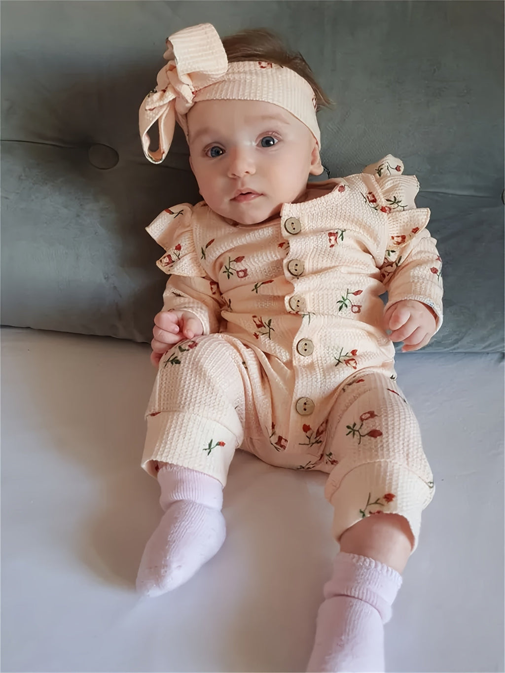 Baby Girl Beige Floral Waffle Romper and Headband Set with Ruffle Shoulders and Long Sleeves for Daily Wear