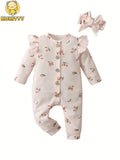 Baby Girl Beige Floral Waffle Romper and Headband Set with Ruffle Shoulders and Long Sleeves for Daily Wear