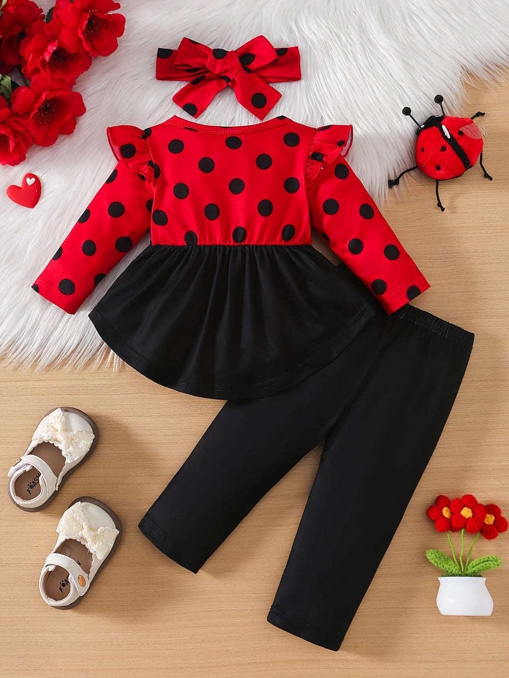 Baby Girls' Ladybug Outfit with a Ruffle Shoulder Long Sleeve Top and Matching Pants and Headband