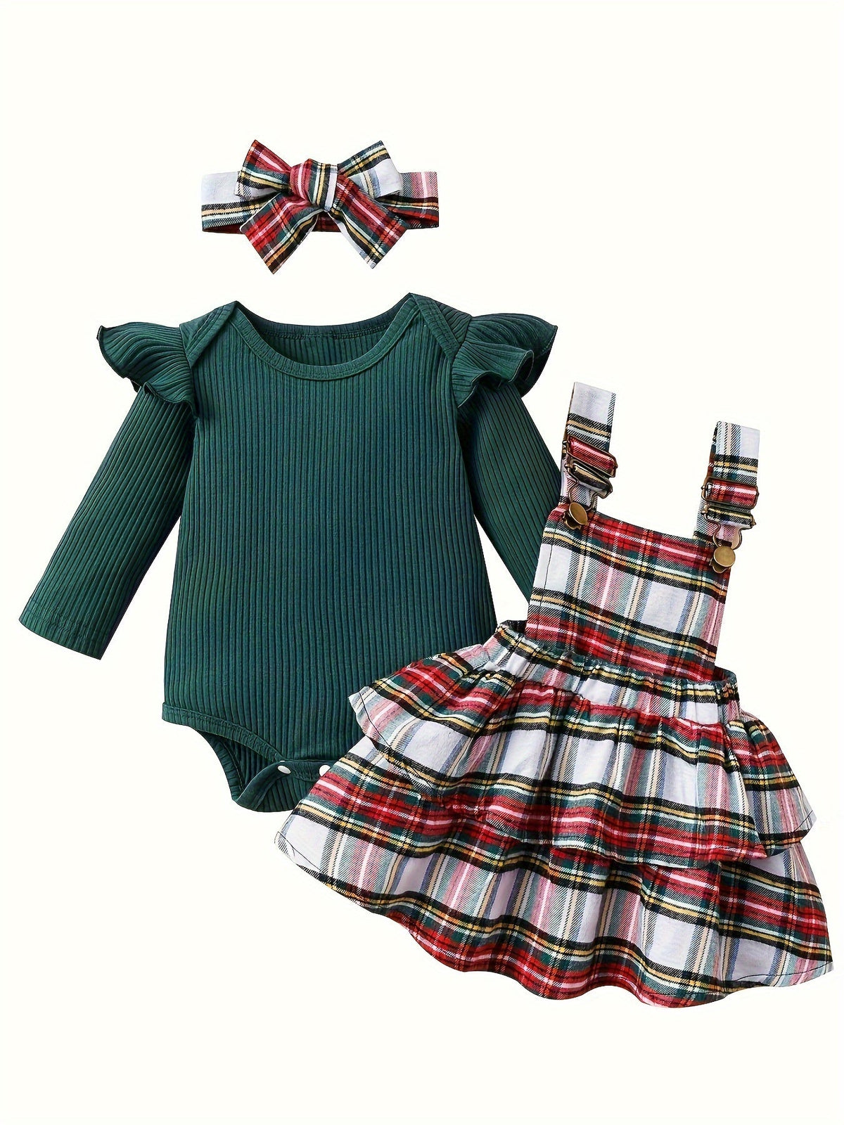Baby Girls' Plaid Outfit Set with a Ribbed Long Sleeve Bodysuit and Suspender Skirt Plus Matching Headband