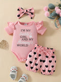 Baby Girls' Pink Bodysuit Shorts Set with a Daddy's Girl Mommy's World Print and Matching Heart Headband