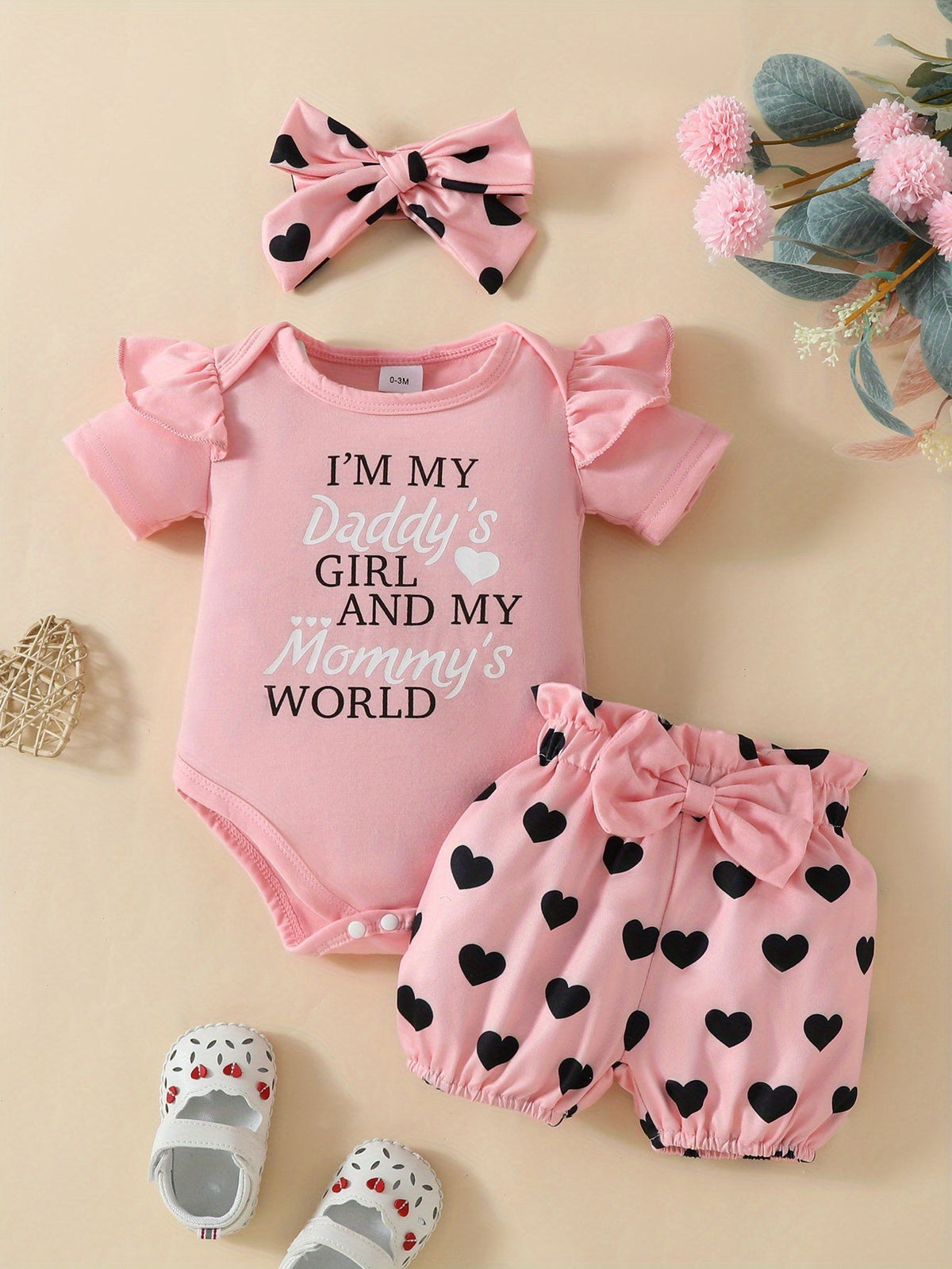 Baby Girls' Pink Bodysuit Shorts Set with a Daddy's Girl Mommy's World Print and Matching Heart Headband