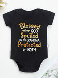 Baby Grandma and God Quote Bodysuit in Black with Gold Tone Lettering and Short Sleeves for Daily Wear