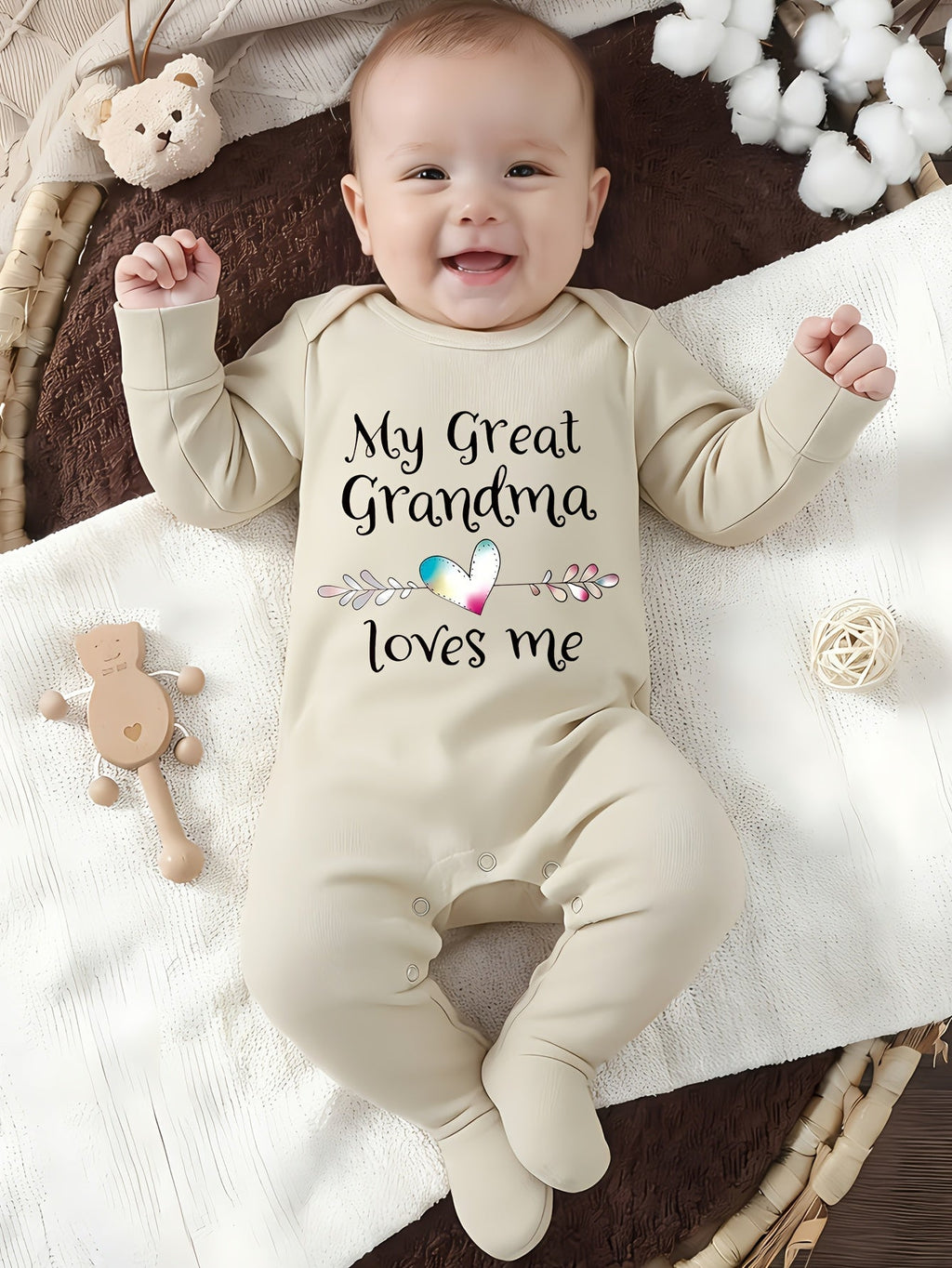 Baby Great Grandma Loves Me Cotton Romper with Covered Feet and Long Sleeves for Family Visit Outfits