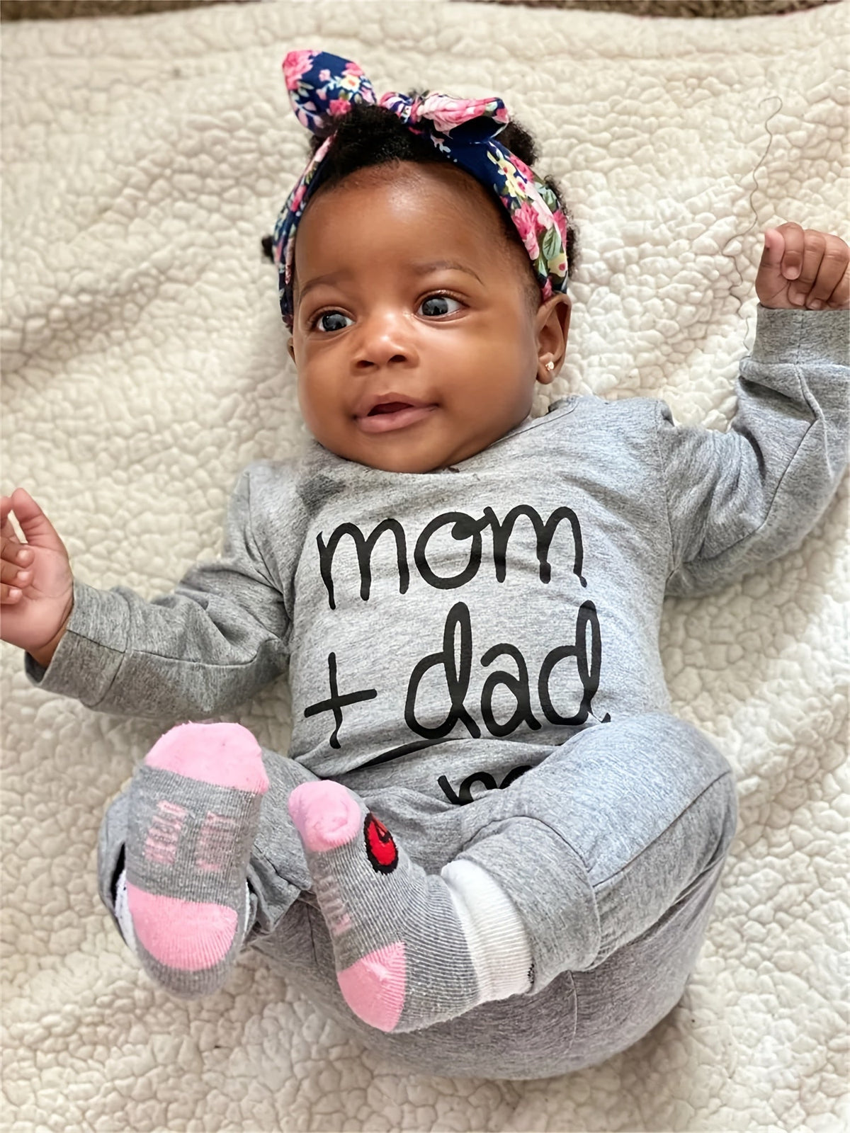 Baby Long Sleeve Romper in Grey with Mom Plus Dad Equals Me Lettering and Red Heart for Family Photos