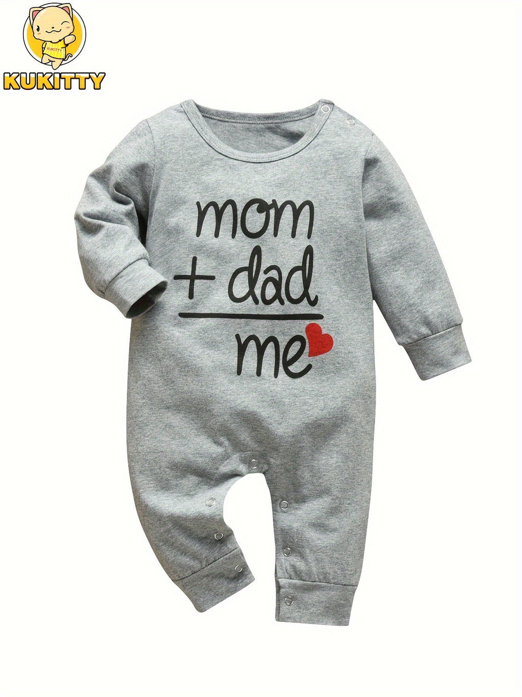 Baby Long Sleeve Romper in Grey with Mom Plus Dad Equals Me Lettering and Red Heart for Family Photos