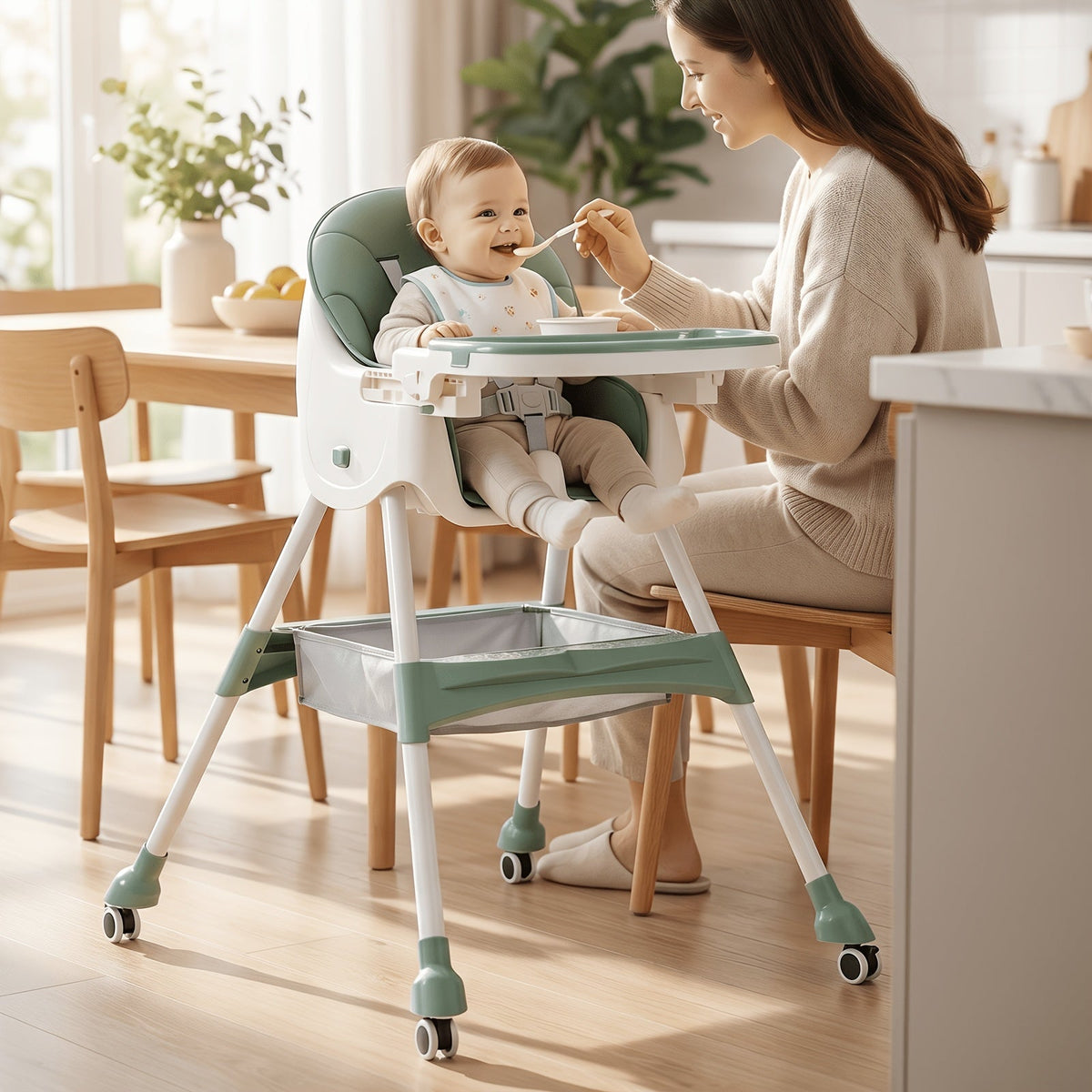 Foldable Baby High Chair with an Adjustable Tray and Cushioned Seat