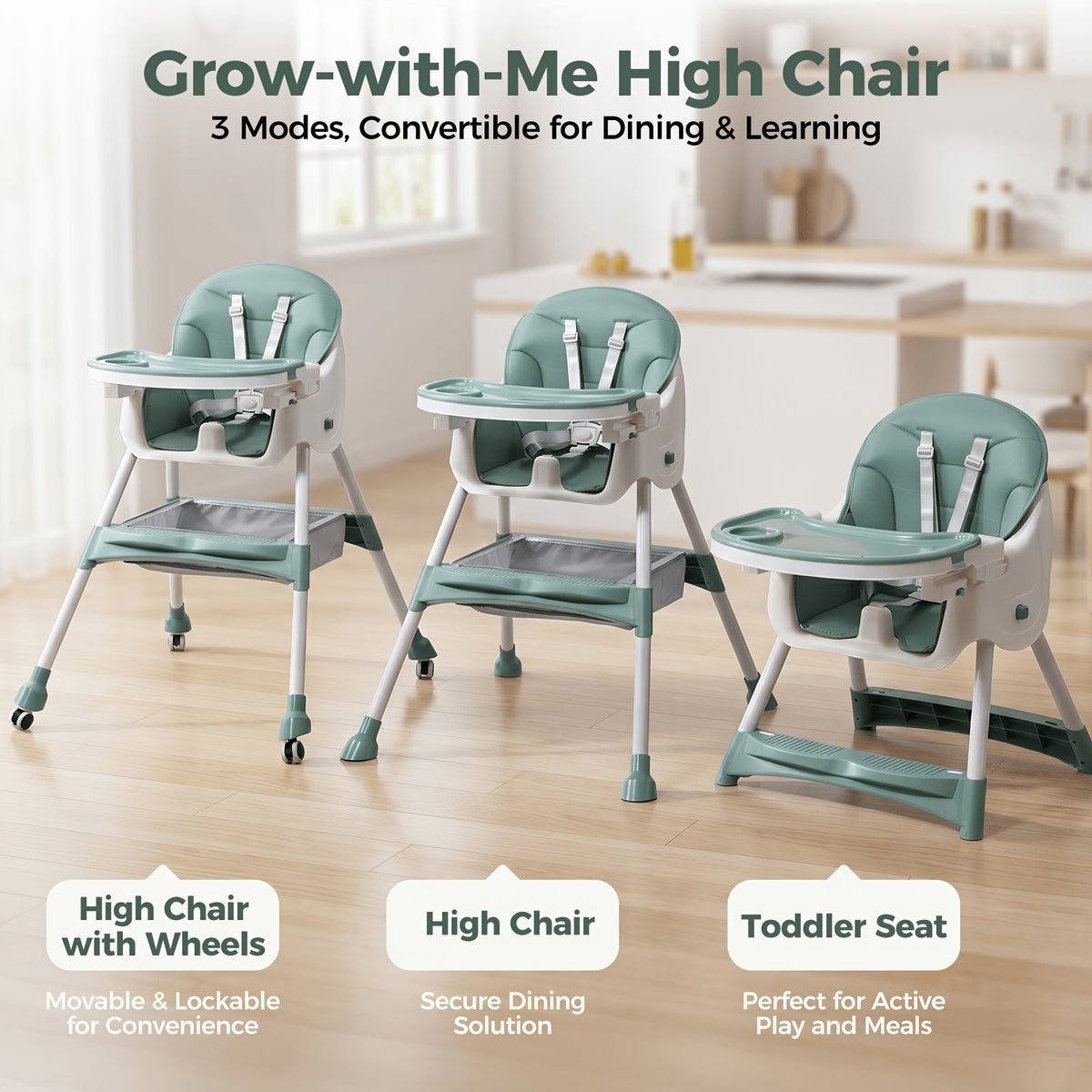 Foldable Baby High Chair with an Adjustable Tray and Cushioned Seat