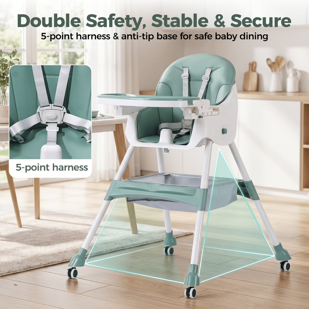 Foldable Baby High Chair with an Adjustable Tray and Cushioned Seat