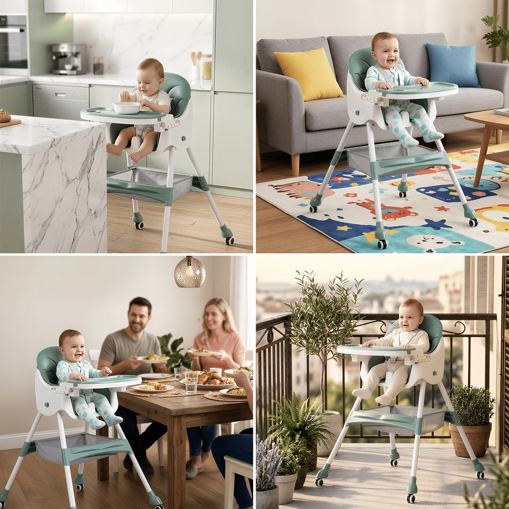Foldable Baby High Chair with an Adjustable Tray and Cushioned Seat