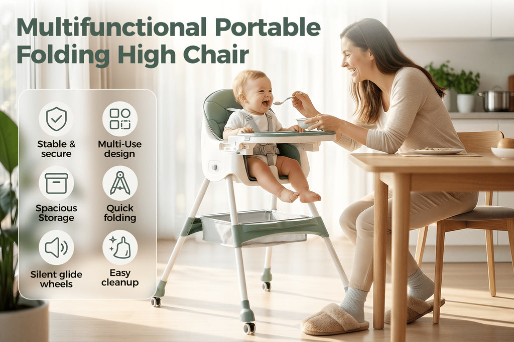 Foldable Baby High Chair with an Adjustable Tray and Cushioned Seat