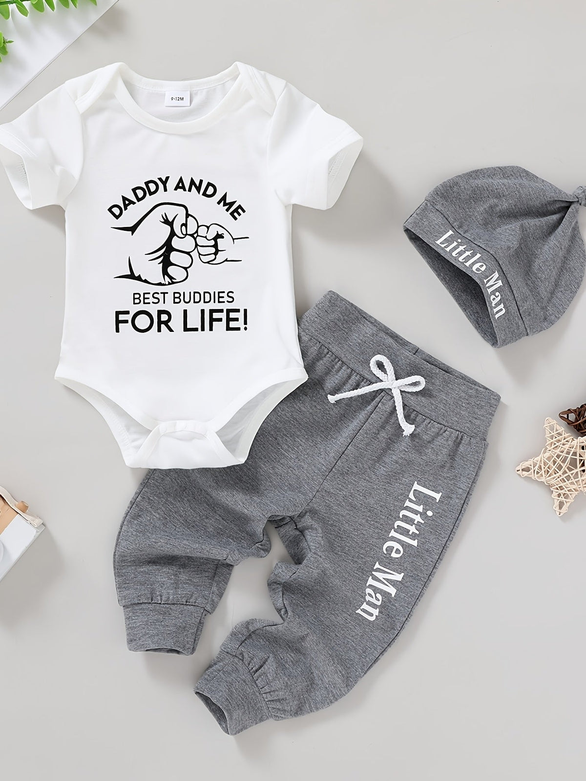 Baby Boys' Daddy and Me Pants Set with a Fist-Bump Bodysuit and Gray Knotted Hat for Everyday Outfits