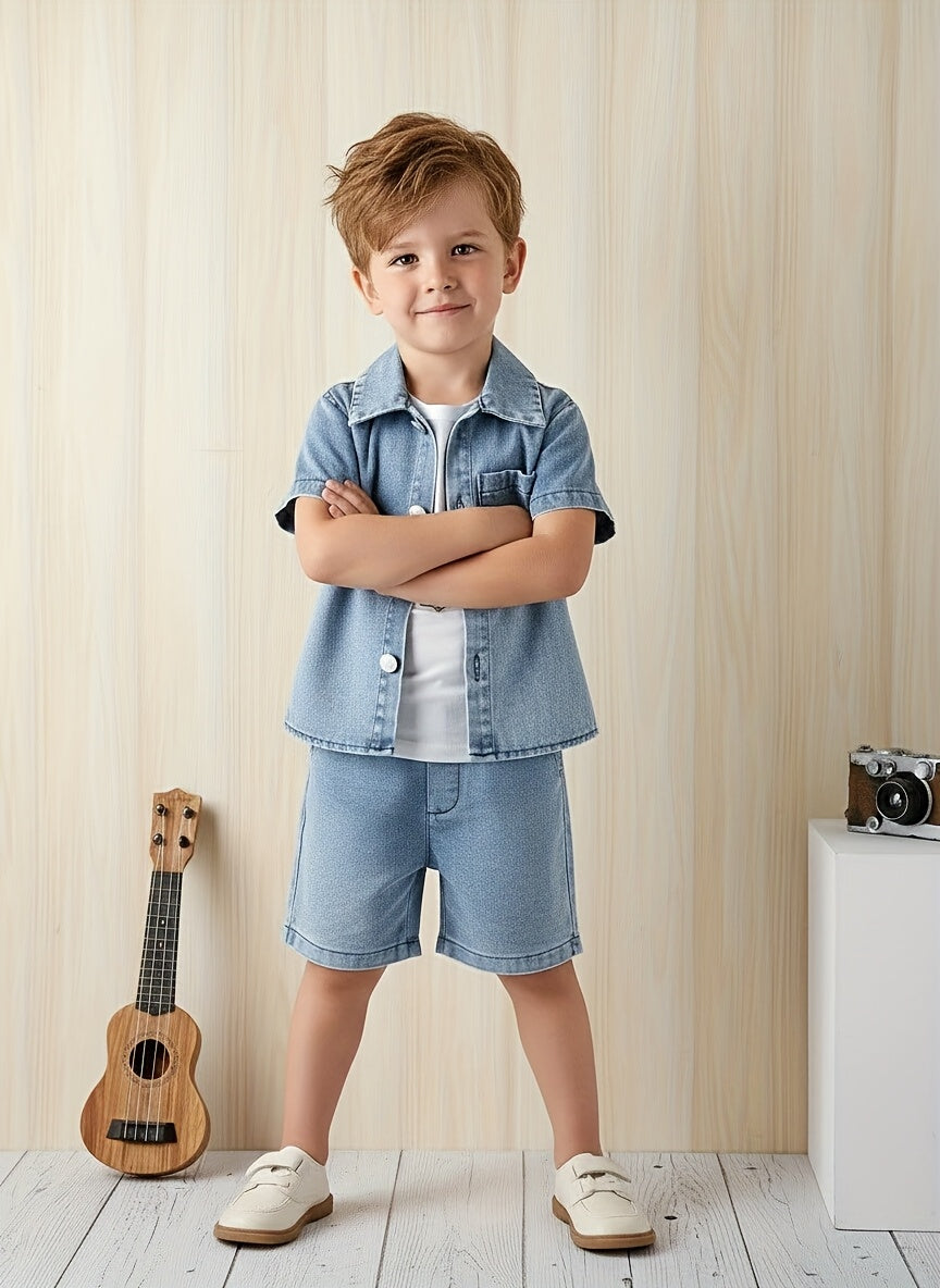 Baby Denim Outfit in a 3-Piece Shirt Shorts and Bucket Hat Set with a Washed Blue Finish for Casual Days