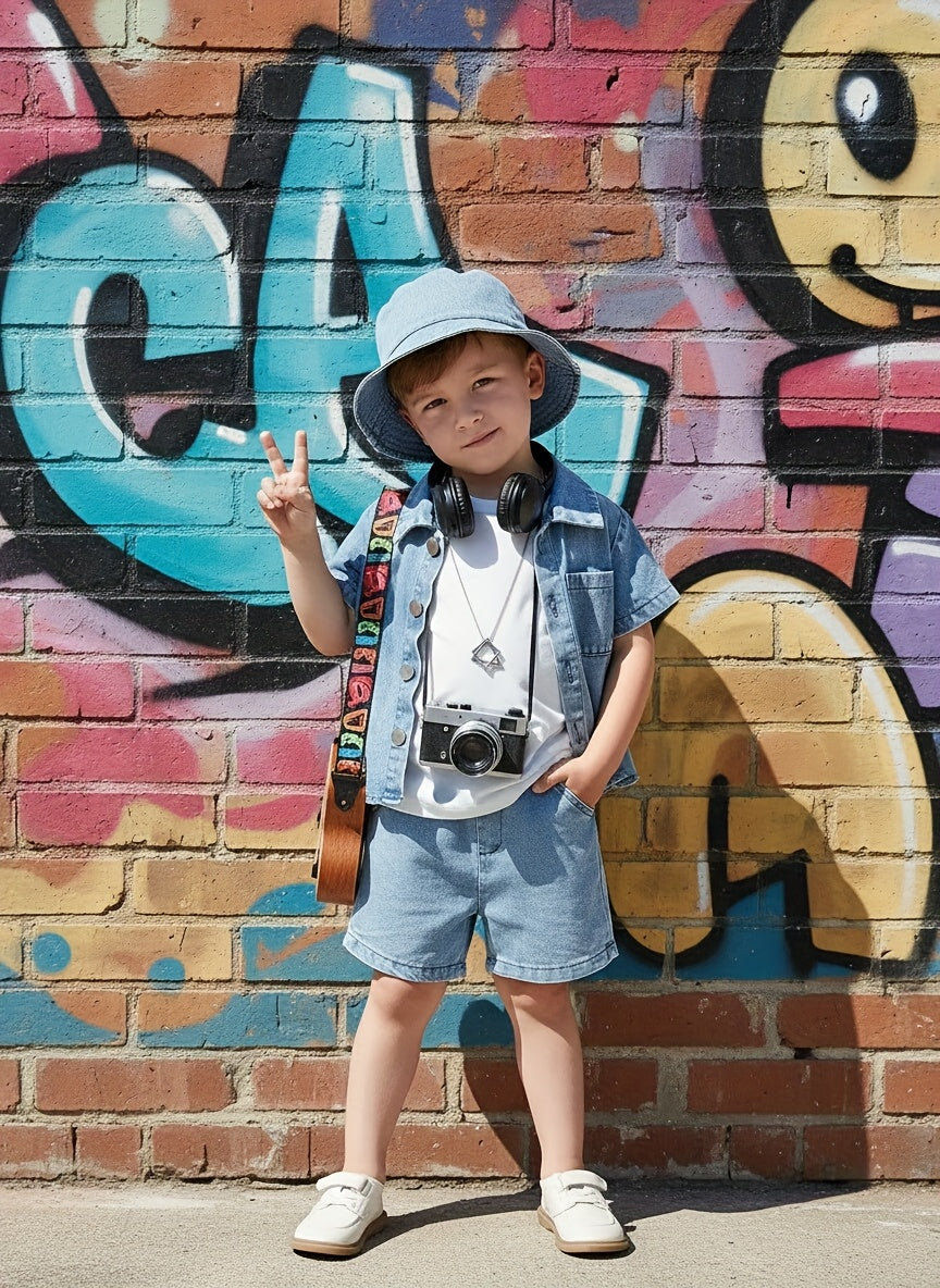 Baby Denim Outfit in a 3-Piece Shirt Shorts and Bucket Hat Set with a Washed Blue Finish for Casual Days