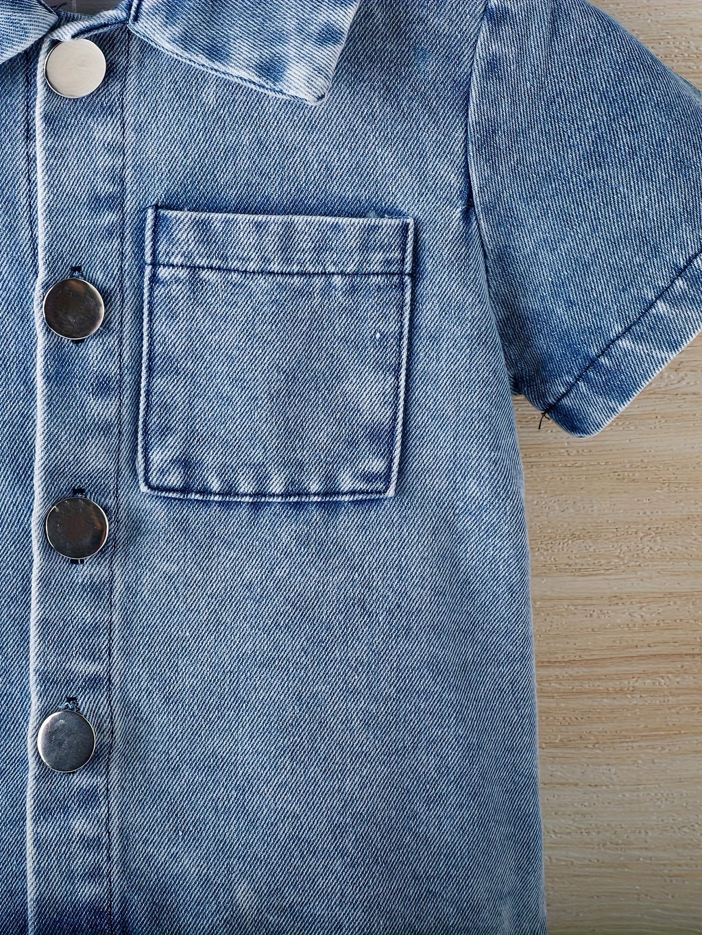 Baby Denim Outfit in a 3-Piece Shirt Shorts and Bucket Hat Set with a Washed Blue Finish for Casual Days