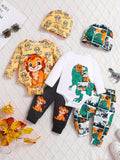 Baby Boys' Lion and Dinosaur Six-Piece Outfit Set of Long Sleeve Bodysuits, Pants and Matching Hats