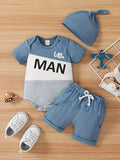 Baby Boys' Little Man Shorts Set with a Colorblock Bodysuit and Knotted Hat in Blue White and Gray