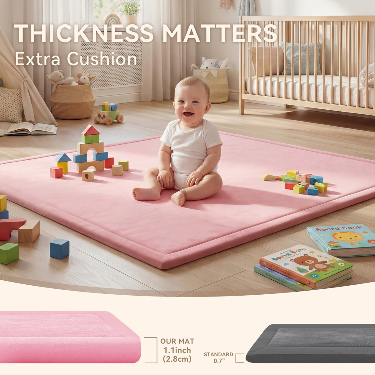 Cushioned Baby Play Mat with a Coral Velvet Surface and 1.1-Inch Memory Foam for Comfortable Floor Time