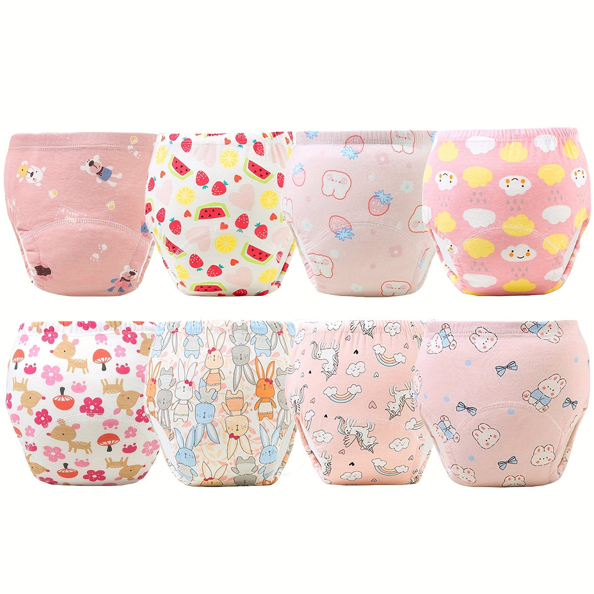 Baby Training Pants Eight Pack with Random Pink or Blue Prints and Elastic Waists for Potty Training