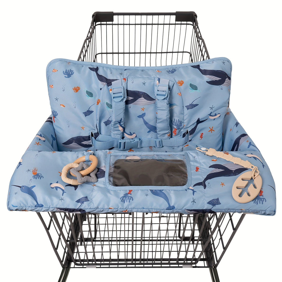 Baby Shopping Cart and High Chair Cover in Blue Sea Creature Print with Phone Pocket and Foldaway Carry Bag