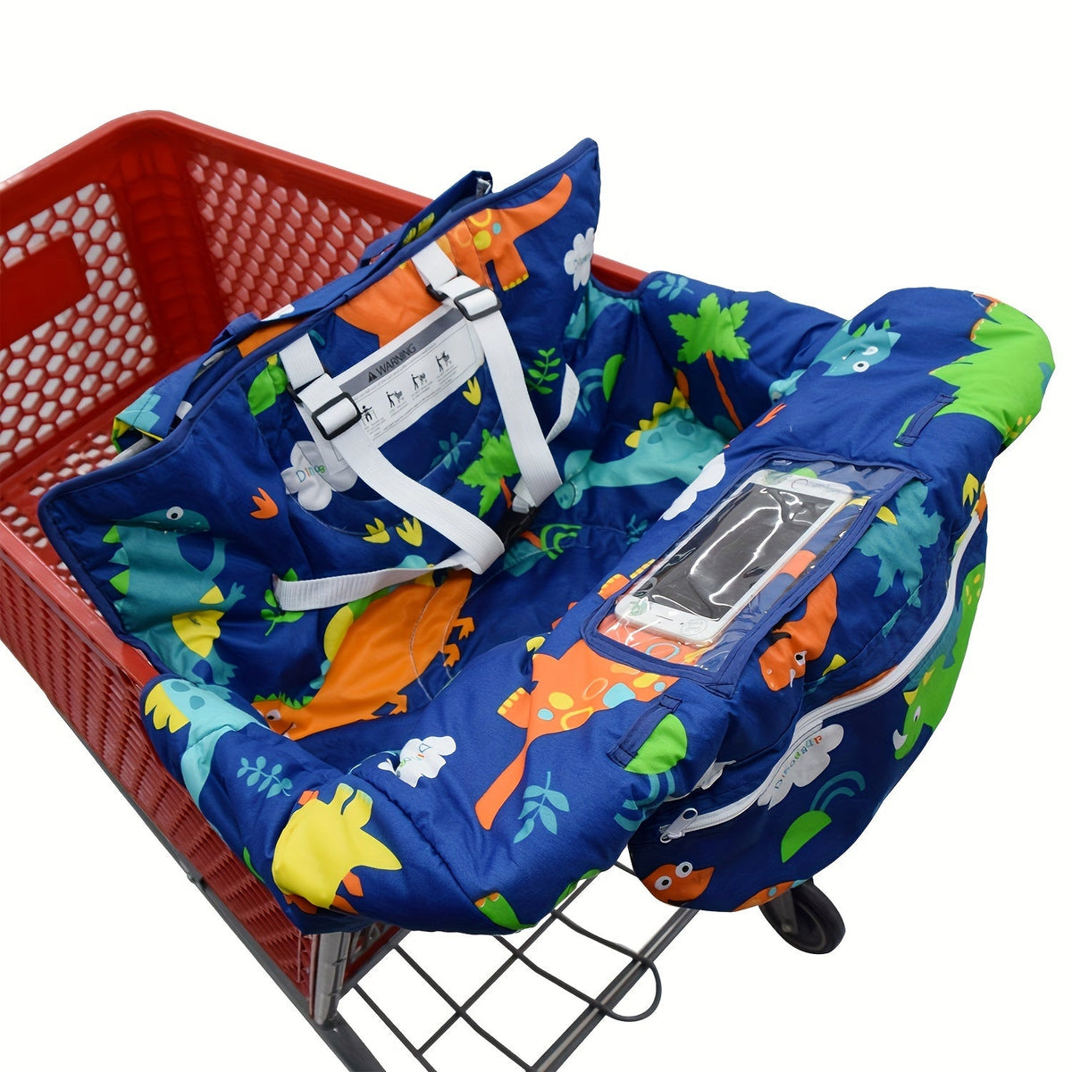 Padded Baby Shopping Cart and High Chair Cushion with Printed Wraparound Sides and Clear Front Phone Pocket