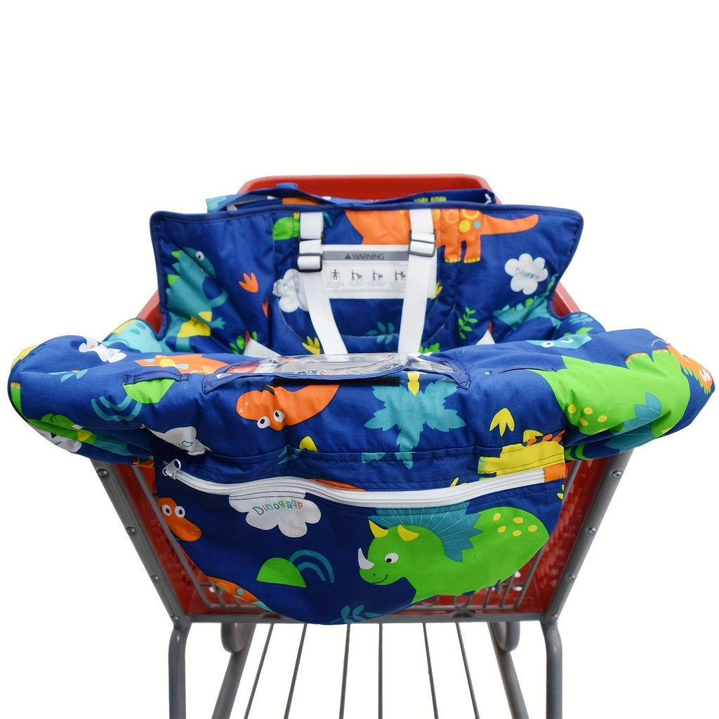 Padded Baby Shopping Cart and High Chair Cushion with Printed Wraparound Sides and Clear Front Phone Pocket