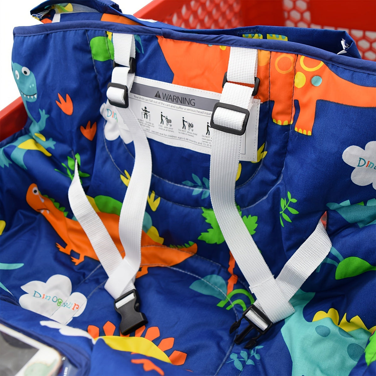 Padded Baby Shopping Cart and High Chair Cushion with Printed Wraparound Sides and Clear Front Phone Pocket