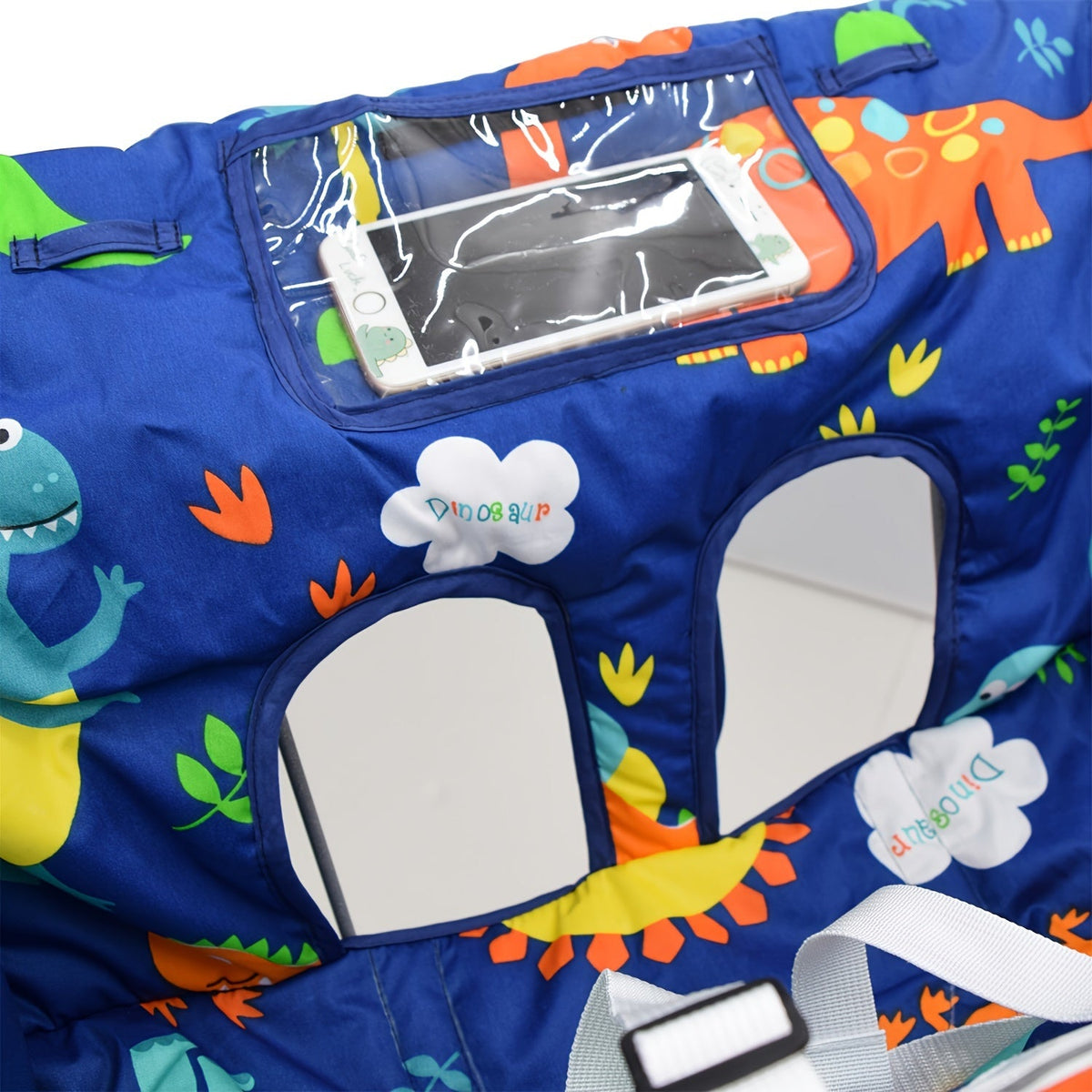 Padded Baby Shopping Cart and High Chair Cushion with Printed Wraparound Sides and Clear Front Phone Pocket