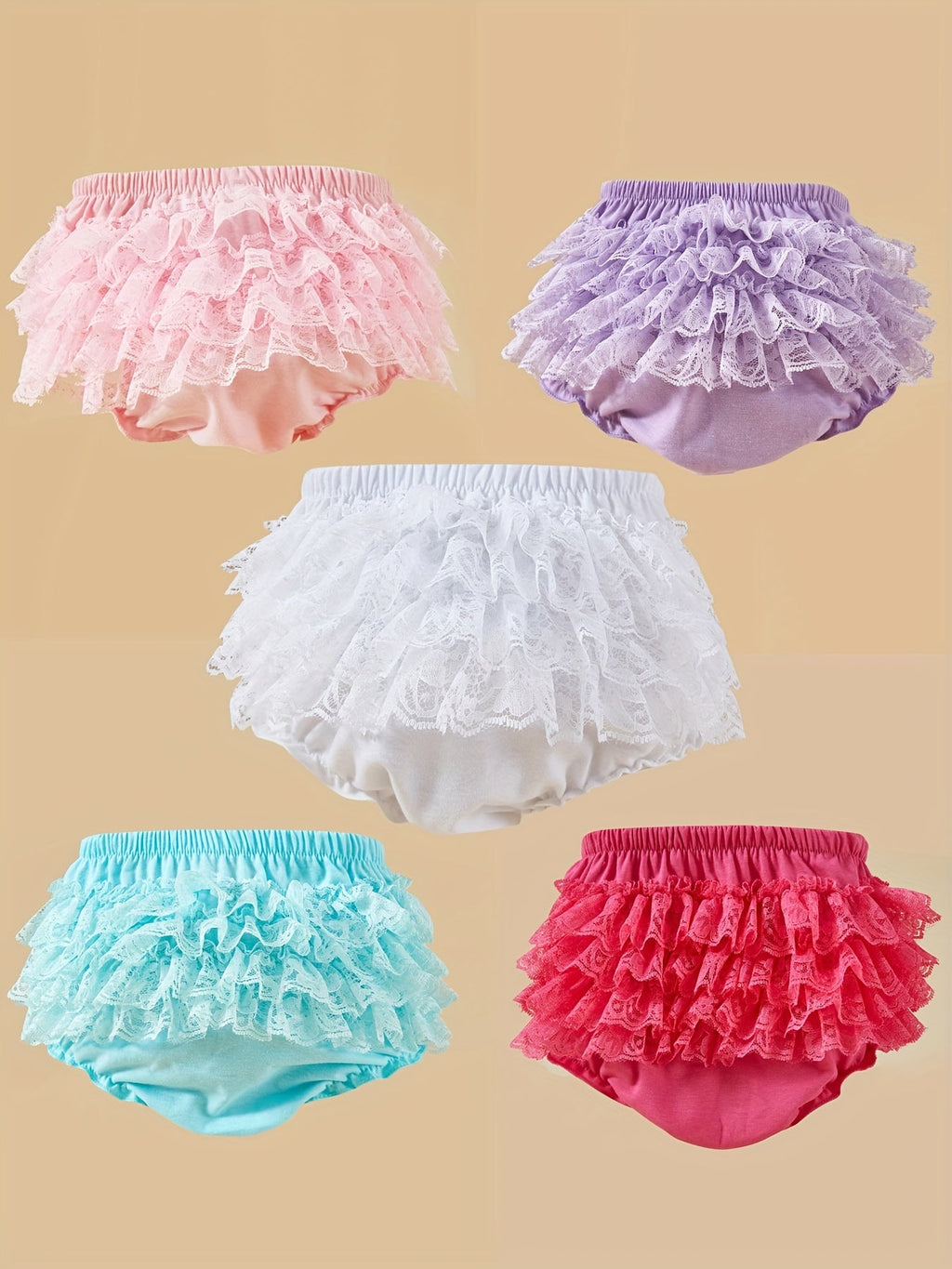 Baby Girl Lace Ruffle Bloomers Five Pack in Mixed Colors with Elastic Openings for Photo Outfits and Layering