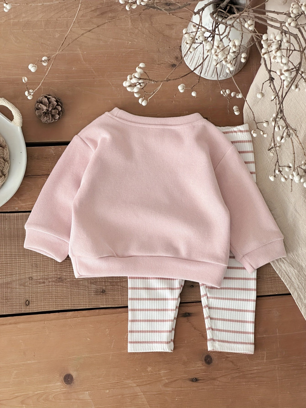 Baby Pink Outfit Set with an Ice Cream Patch Sweatshirt and Striped Pants for Spring and Autumn Wear