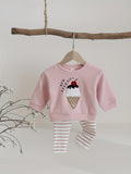 Baby Pink Outfit Set with an Ice Cream Patch Sweatshirt and Striped Pants for Spring and Autumn Wear