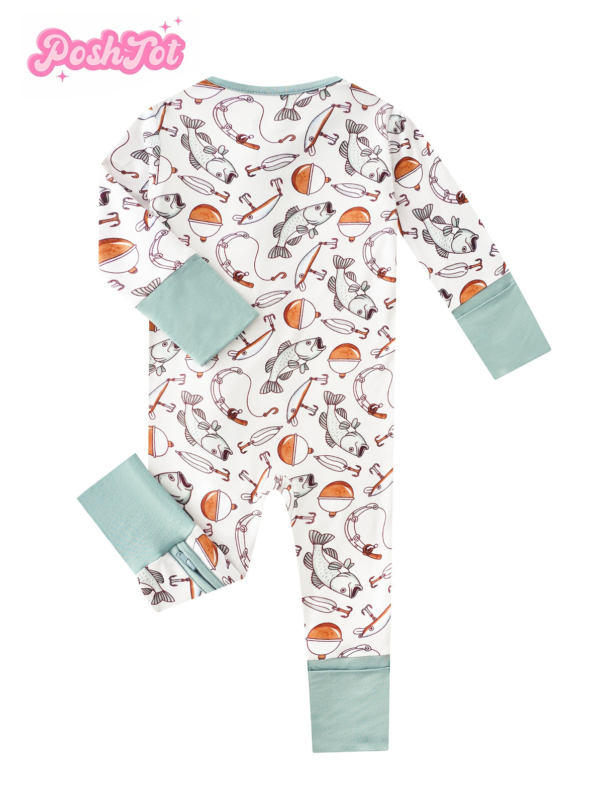 Baby Fishing Print Zip Romper in Ivory White with Mint Fold Over Cuffs and Long Sleeves for Daily Wear