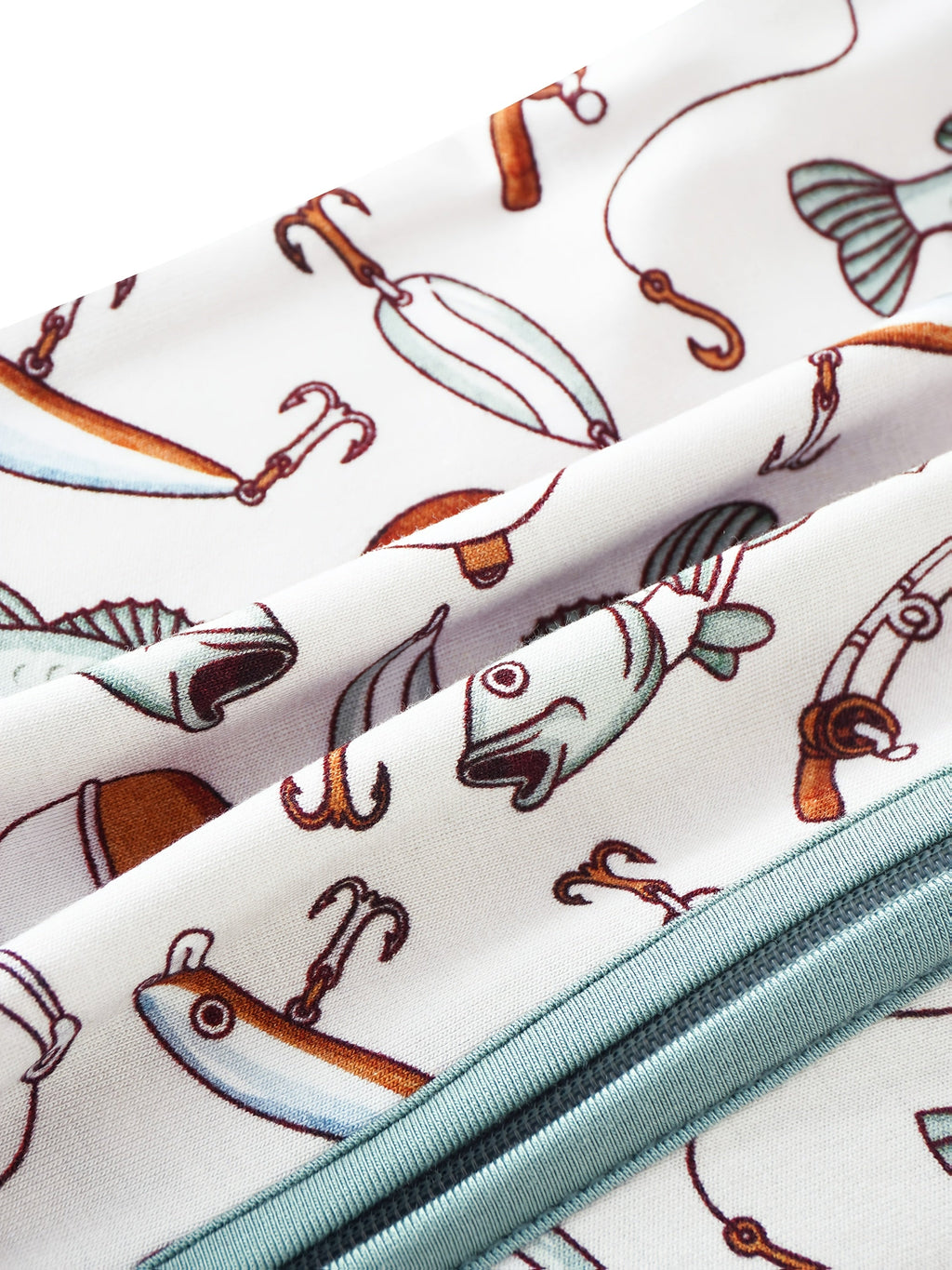 Baby Fishing Print Zip Romper in Ivory White with Mint Fold Over Cuffs and Long Sleeves for Daily Wear