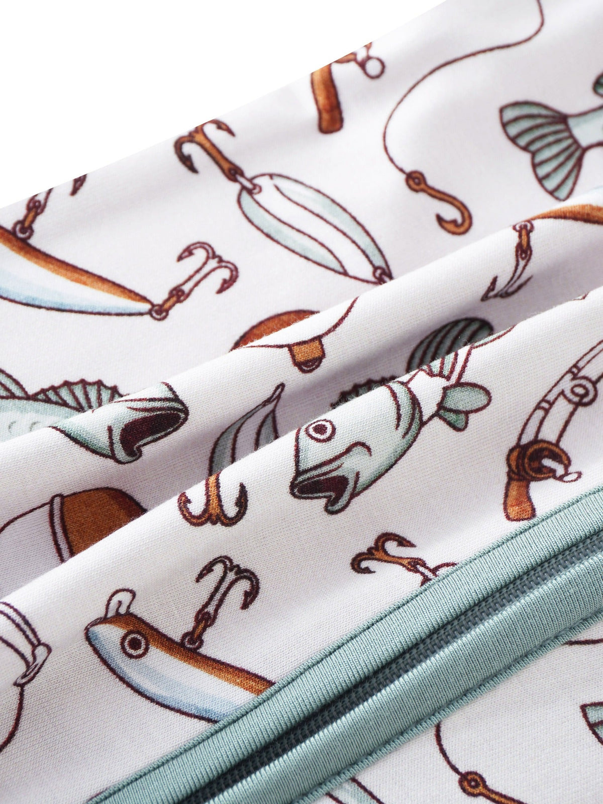 Baby Fishing Print Zip Romper in Ivory White with Mint Fold Over Cuffs and Long Sleeves for Daily Wear