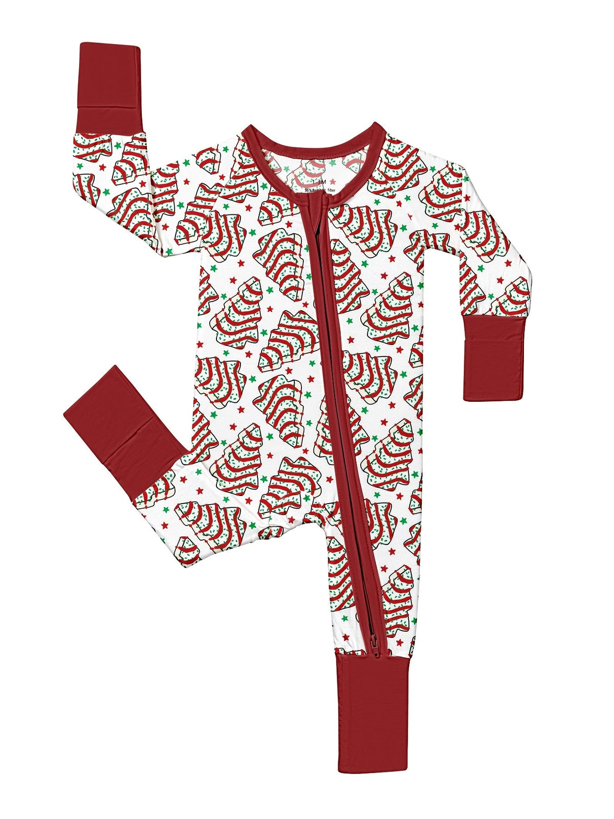 Baby Christmas Tree Cake Zip Romper with Red Fold Over Cuffs and Long Sleeves for Holiday Outfits