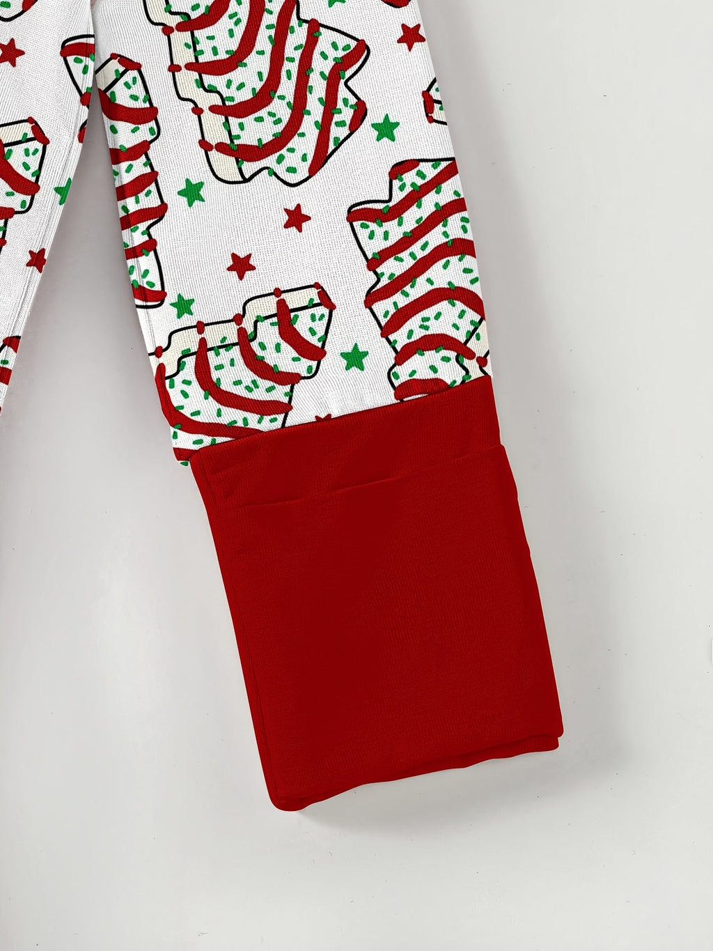 Baby Christmas Tree Cake Zip Romper with Red Fold Over Cuffs and Long Sleeves for Holiday Outfits