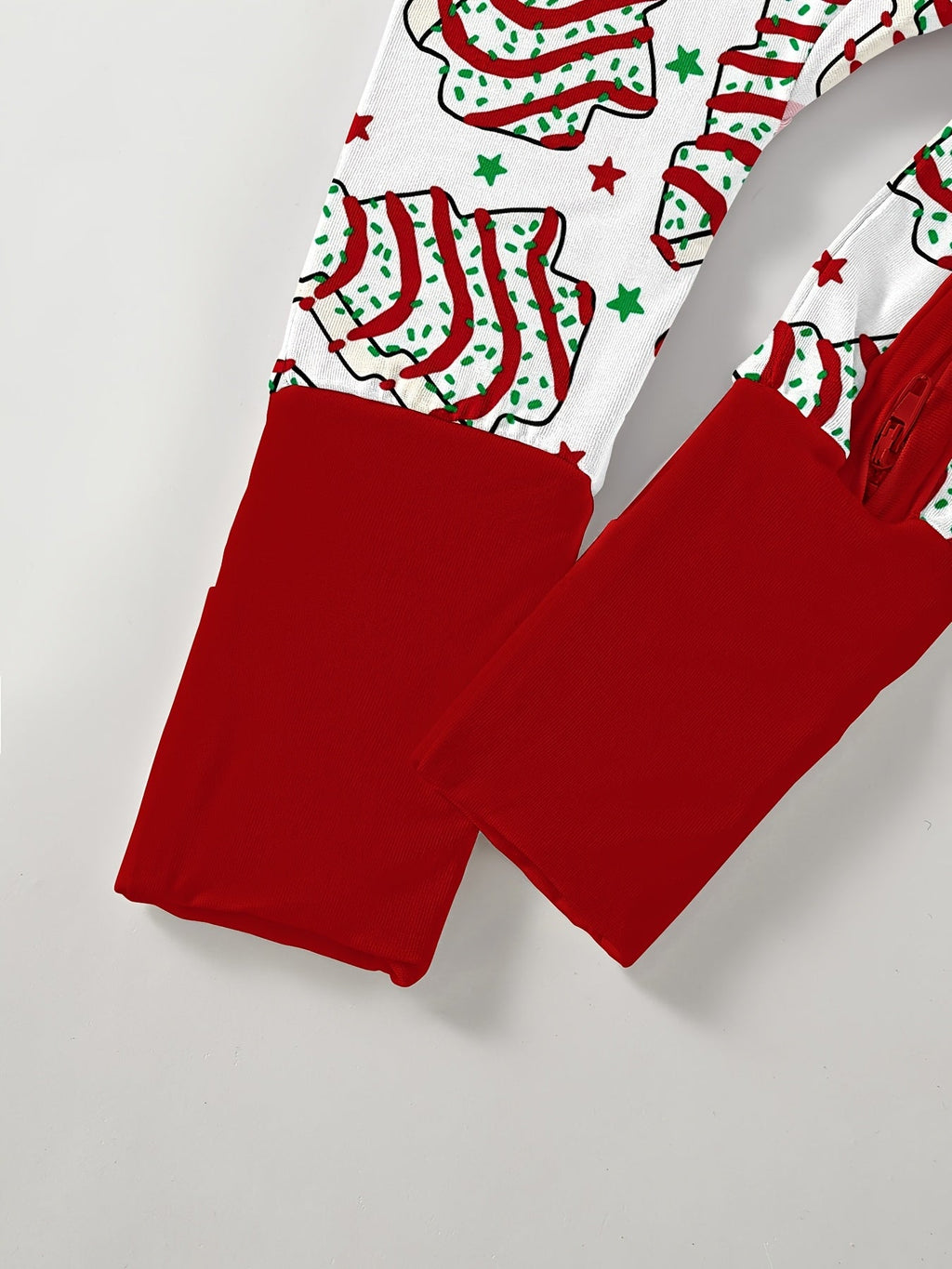 Baby Christmas Tree Cake Zip Romper with Red Fold Over Cuffs and Long Sleeves for Holiday Outfits