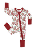 Baby Christmas Tree Cake Zip Romper with Red Fold Over Cuffs and Long Sleeves for Holiday Outfits