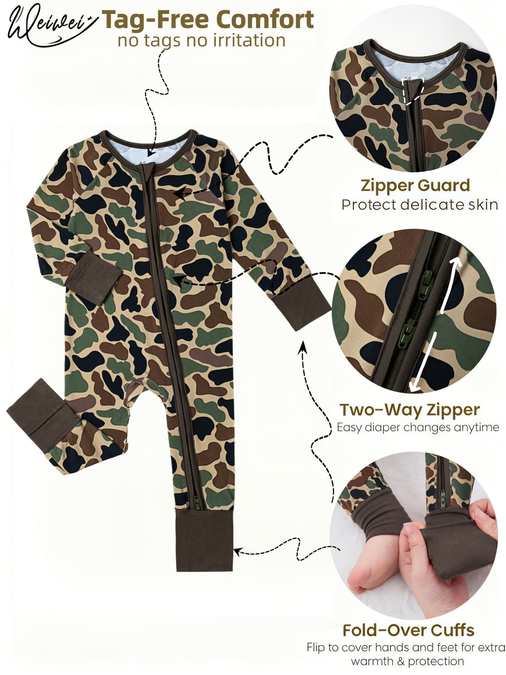 Baby Camouflage Zip Romper with Fold Over Hand and Foot Cuffs in a Stretch Bamboo Fiber Blend