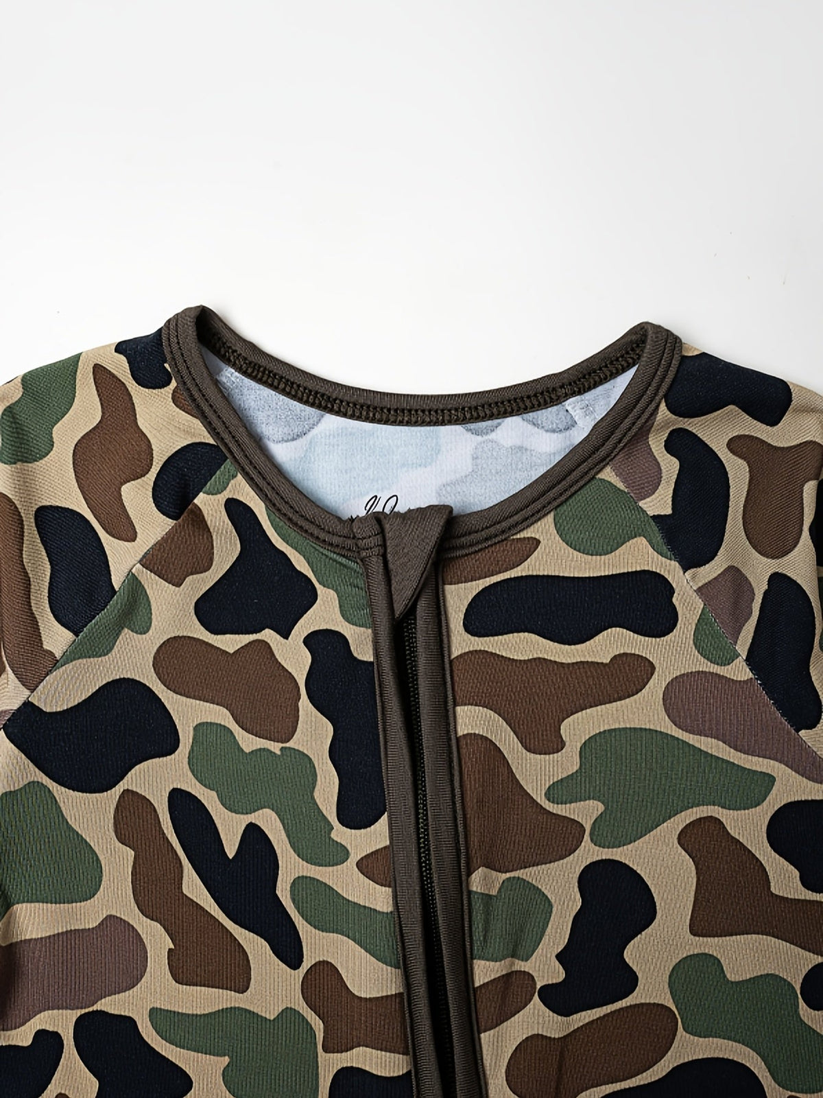 Baby Camouflage Zip Romper with Fold Over Hand and Foot Cuffs in a Stretch Bamboo Fiber Blend