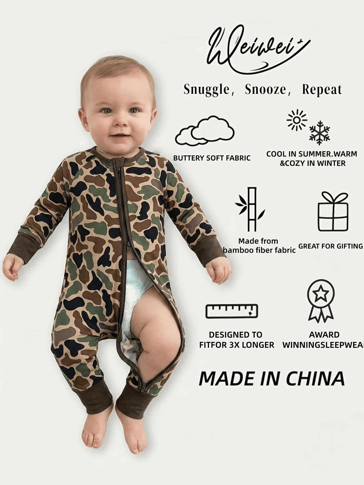 Baby Camouflage Zip Romper with Fold Over Hand and Foot Cuffs in a Stretch Bamboo Fiber Blend