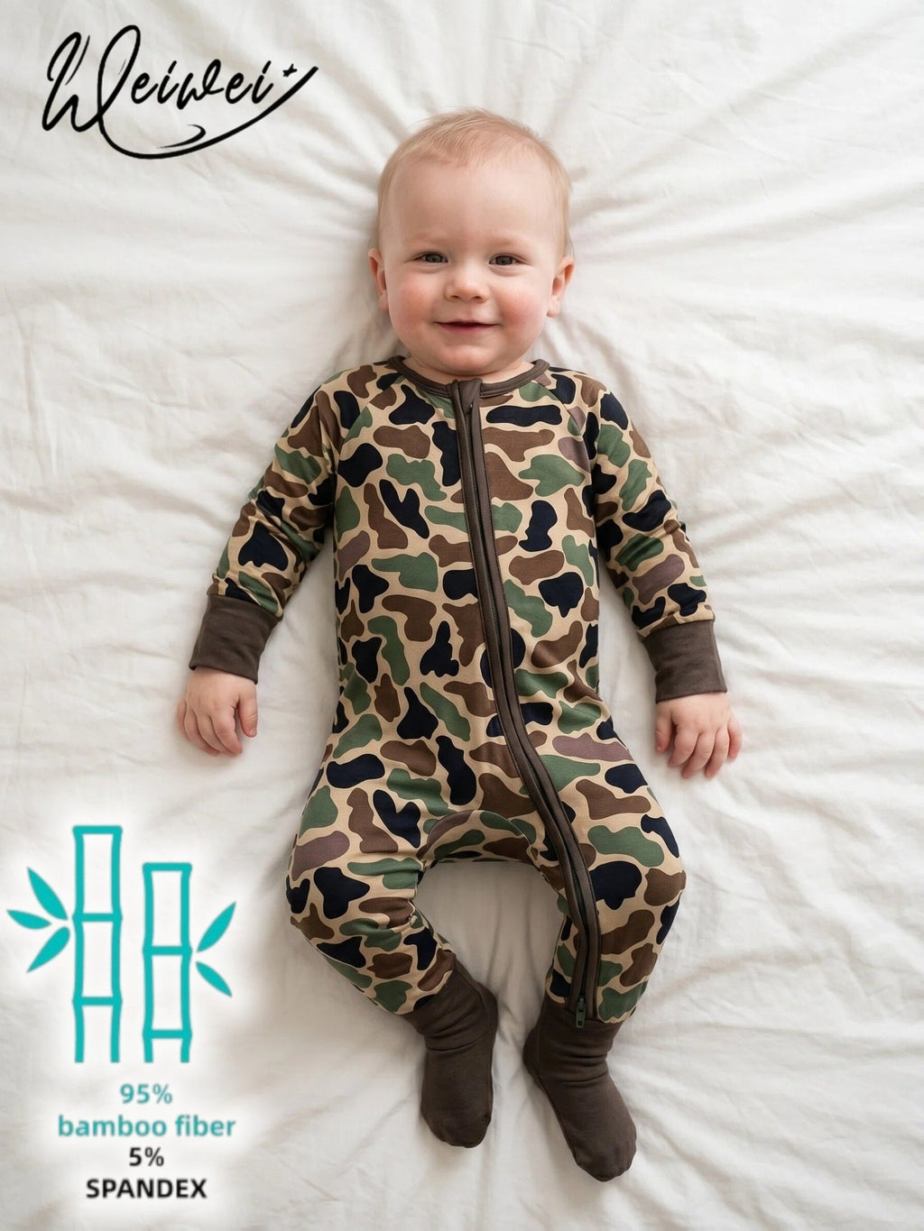 Baby Camouflage Zip Romper with Fold Over Hand and Foot Cuffs in a Stretch Bamboo Fiber Blend