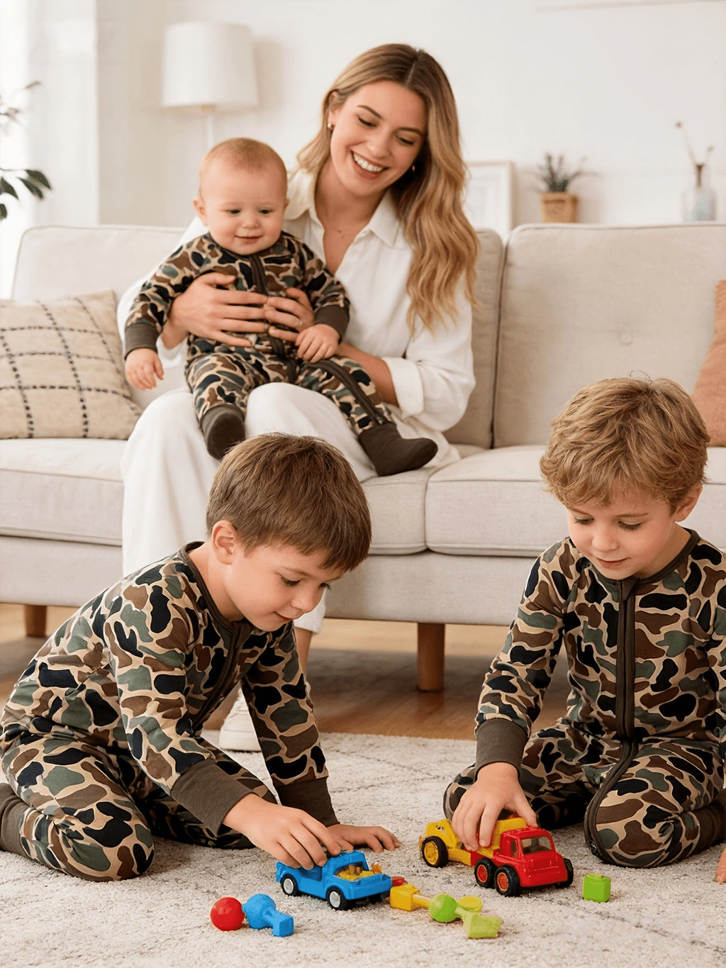 Baby Camouflage Zip Romper with Fold Over Hand and Foot Cuffs in a Stretch Bamboo Fiber Blend