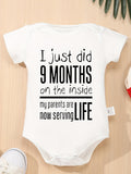 Baby Nine Months Slogan Bodysuit in White with Short Sleeves and Crotch Snaps for a Funny Everyday Outfit