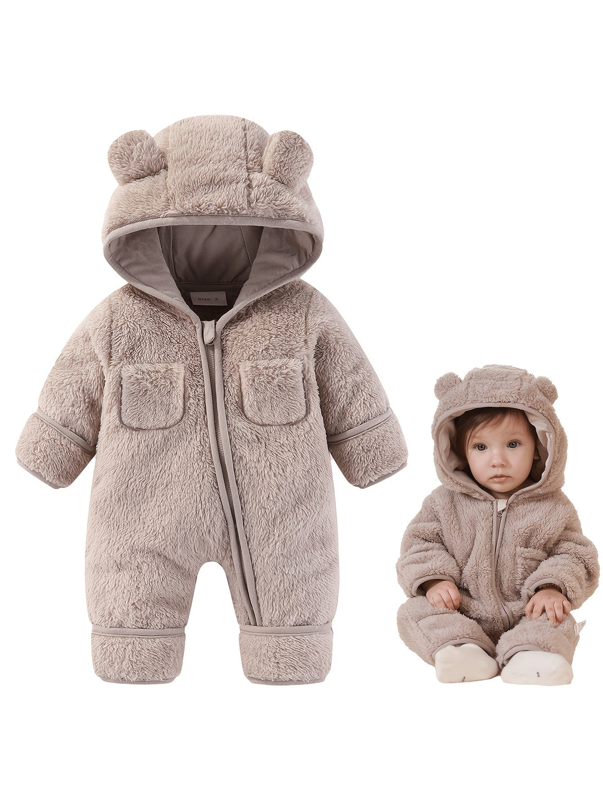 Dark Brown Baby Bear Hooded Fleece Romper with Fold-Over Cuffs and a Zip Front for Cool-Weather Outings