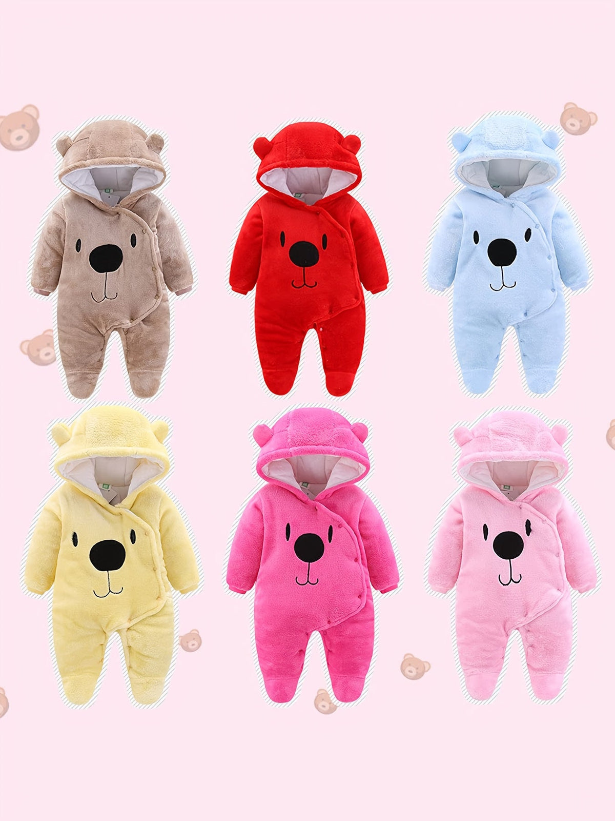 Baby Bear Hooded Snowsuit in Pink with Covered Feet and a Plush Finish for Cold Weather Outings